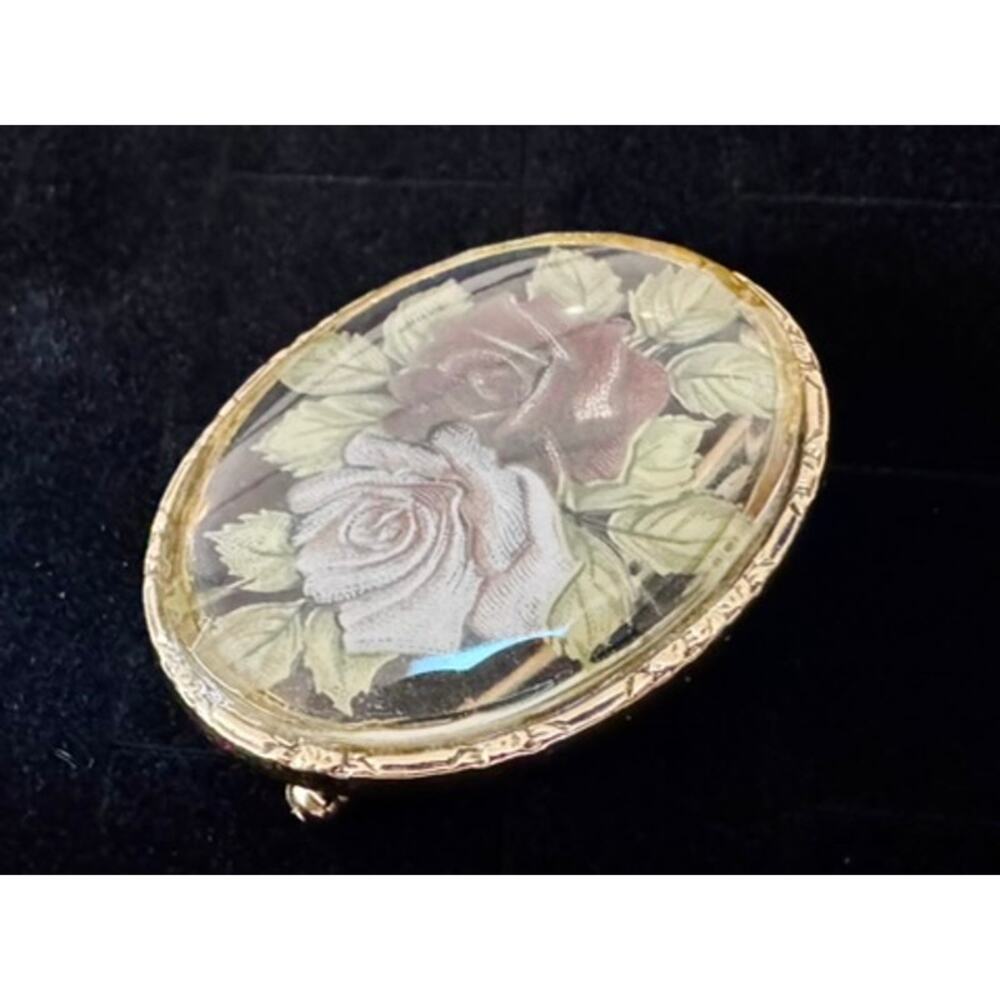 Vintage Lucite Rose Brooch Clear Dome Floral Pin Etched Gold Tone